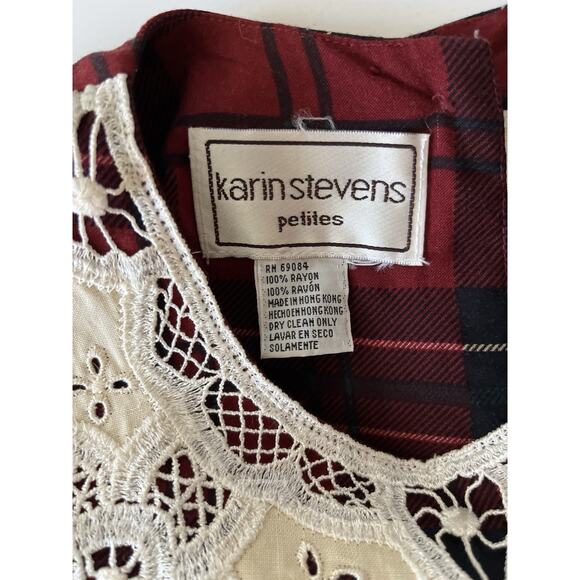 Karin Stevens VTG Dress S/M Petite Red Plaid Pleated Smocked Cottagecore - Picture 3 of 13